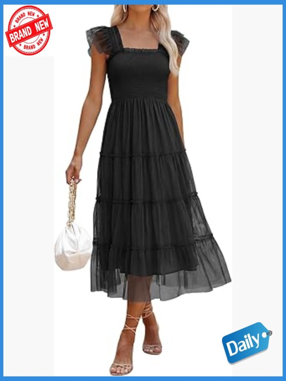 Floral Midi Dress Sleeveless Boho Flowy Smocked Ruffle Tulle Beach Wedding